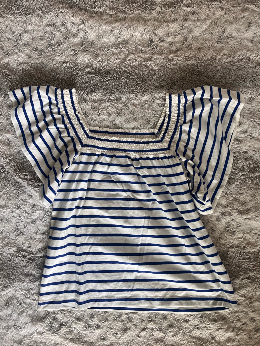 J. Crew Women’s Blue and White Striped Square Neck Flutter-Sleeve Top